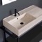 Console Sink Vanity With Beige Travertine Design Ceramic Sink and Matte Black Drawer, 35